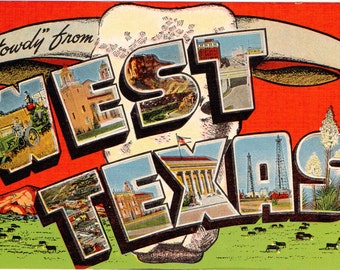 Digital File of Postcard, Greetings from West Texas, Bull Horns, Large Letter,