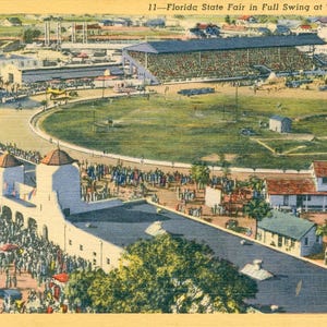 May include: A vintage postcard depicting the Florida State Fair in full swing at Tampa, Florida. The postcard shows a large crowd of people gathered around a racetrack, with buildings and trees in the background. The text "11-Florida State Fair in Full Swing at Tampa, Florida" is printed at the top of the postcard.