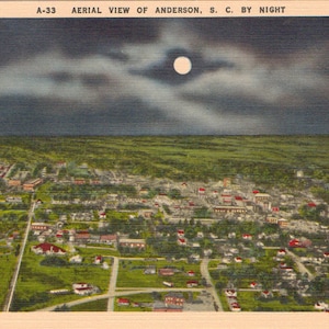 Linen Postcard, Anderson, South Carolina, Aerial View of City at Night