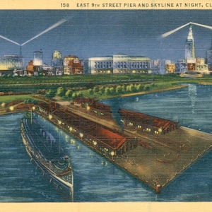 Linen Postcard, Cleveland, Ohio, East 9th Street Pier and Skyline at Night