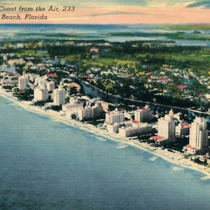 Linen Postcard, Miami Beach, Florida, View of Gold Coast from the Air, 1951