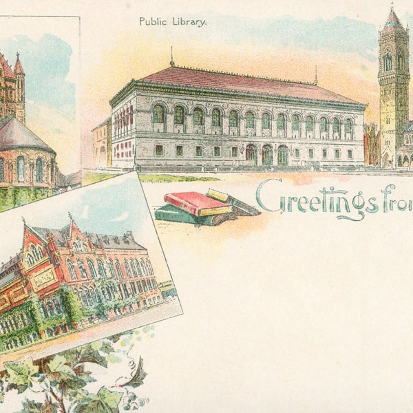 Vintage Postcard, Greetings from Boston, Massachusetts, Art Museum, South Church, ca 1905