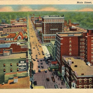 Linen Postcard, Lexington, Kentucky, Air View of Main Street, ca 1940