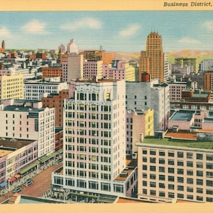 Linen Postcard, Seattle, Washington, Aerial View of Business District, ca 1940