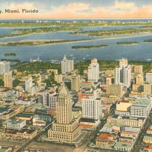 Linen Postcard, Miami, Florida, View from the Air, ca 1940