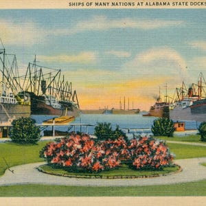 Linen Postcard, Mobile, Alabama, Ships at Alabama State Docks, 1953