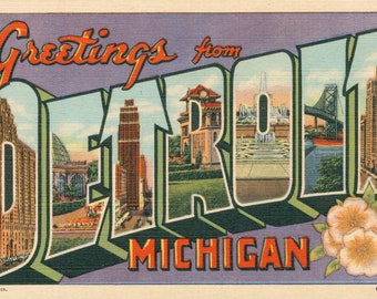 Linen Postcard, Greetings from Detroit, Michigan, Large Letter, ca 1940