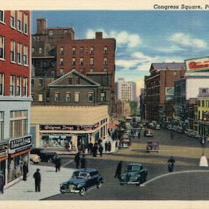 Linen Postcard, Portland, Maine, Congress Square, ca 1940