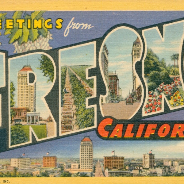 Linen Postcard, Greetings from Fresno, California, Vineyards, Skyline, Large Letter