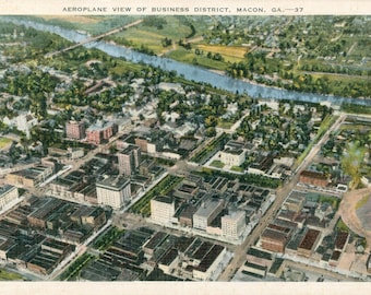 Linen Postcard, Macon, Georgia, Airplane View of Business District