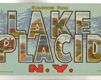 Linen Postcard, Greetings from Lake Placid, New York, Mountains, Large Letter