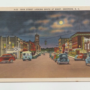 Linen Postcard, Anderson, South Carolina, Main Street Looking South at Night