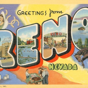 Fichier numérique de carte postale, salutations de Reno, Nevada, jeux d'argent, grosse lettre