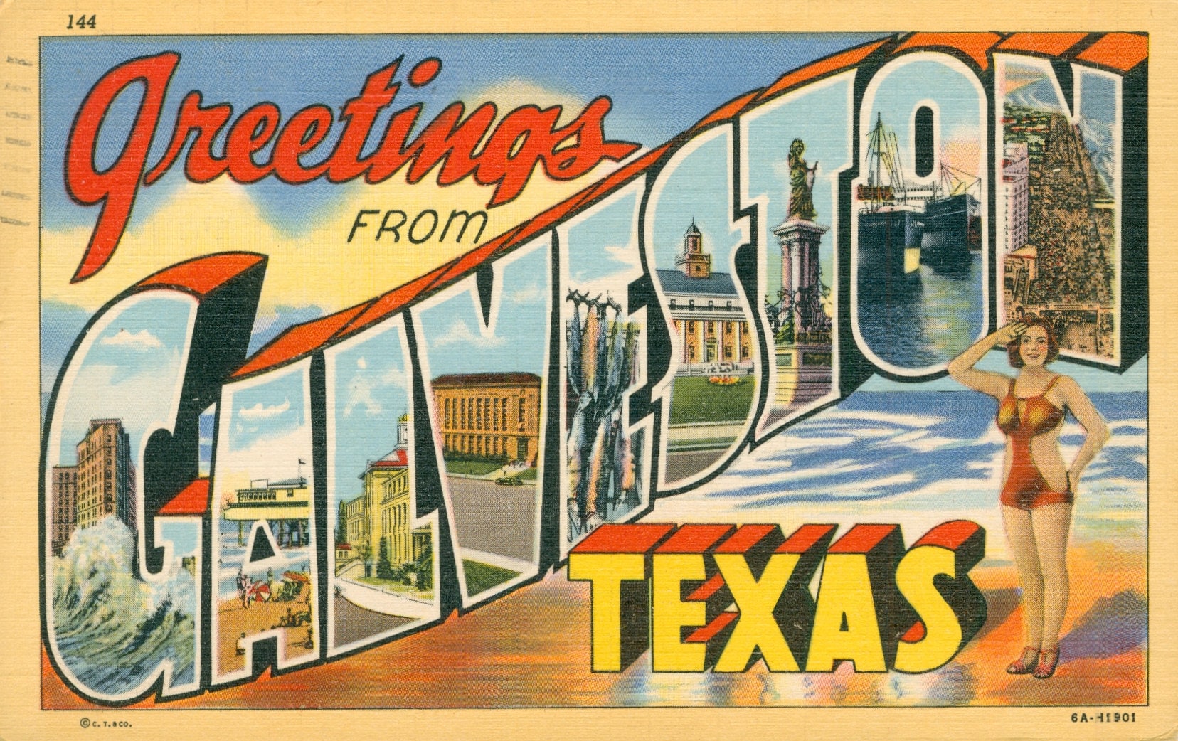 Digital Postcard, Greetings from Galveston, Texas, Beach, Bathing Beauty, Large Letter