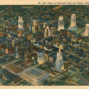 Linen Postcard, Kansas City, Missouri, Aerial View at Night, ca 1940