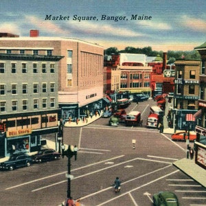 Linen Postcard, Bangor, Maine, Market Square, 1951