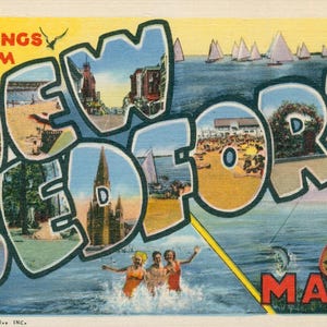 Linen Postcard, Greetings from New Bedford, Massachusetts, Sailboats, Large Letter