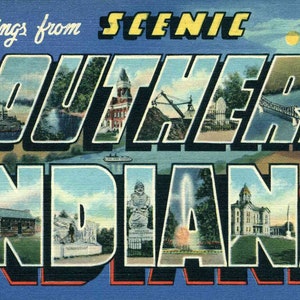 Linen Postcard, Greetings from Scenic Southern Indiana, Steamboat, Large Letter