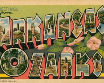 Linen Postcard, Greetings from Arkansas Ozarks, Large Letter, ca 1950