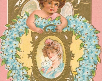 Vintage Valentine Postcard, Heart of Forget Me Nots, Cupid Valentine Series, 1911