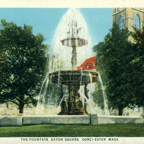 Linen Postcard, Dorchester, Massachusetts, Eaton Square, The Fountain, ca 1930