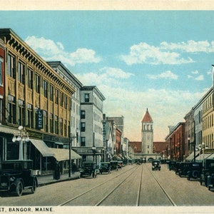 Vintage Postcard, Bangor, Maine, Exchange Street, Great Antique Cars, NICE
