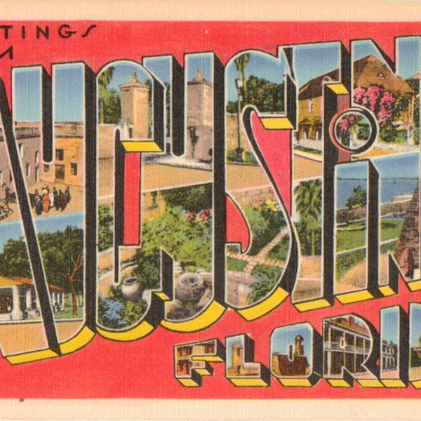 Linen Postcard, Greetings from St Augustine, Florida, Fort, Large Letter