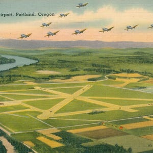 Linen Postcard, Portland, Oregon, Portland Columbia Airport, 1944