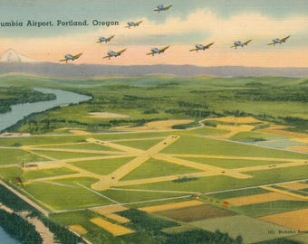 Linen Postcard, Portland, Oregon, Portland Columbia Airport, 1944