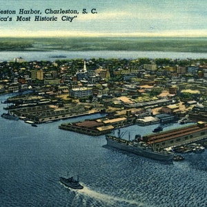 Linen Postcard, Charleston, South Carolina, Charleston Harbor, ca 1940