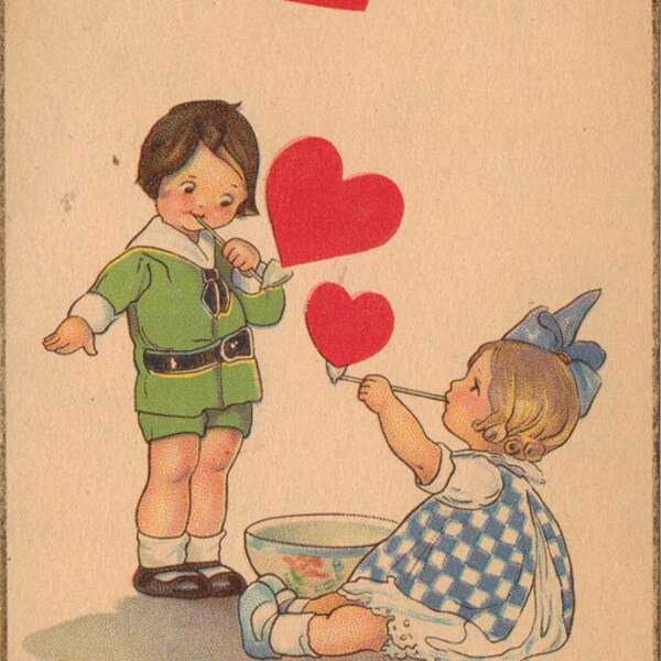 Vintage Valentine postcard, Children blowing Heart Shaped Bubbles, ca. 1910