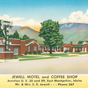Linen Postcard, East Montpelier, Idaho, Jewell Motel and Coffee Shop