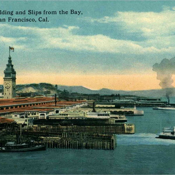 Linen Postcard, San Francisco, California, Ferry Building and Slips from Bay