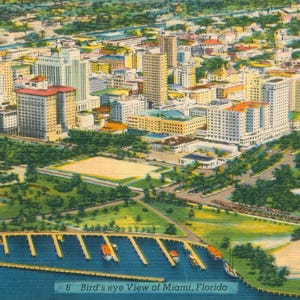 Linen Postcard, Miami, Florida, Birds Eye View of City, ca 1940