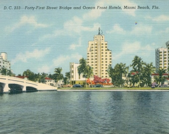 Linen Postcard, Miami Beach, Florida, 41st Street Bridge and Ocean Front Hotels