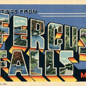 Linen Postcard, Greetings from Fergus Falls, Minnesota, Large Letter, ca 1940