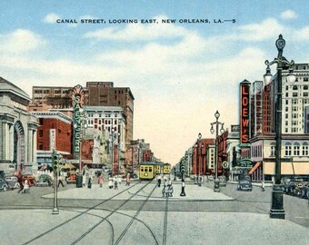Linen Postcard, New Orleans, Louisiana, Canal Street Looking East, ca 1930