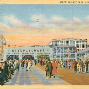 Linen Postcard, Coney Island, New York, Steeplechase Park Ferris Wheel and Rides