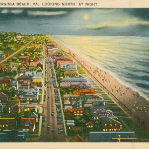 Linen Postcard, Virginia Beach, Virginia, View of Beach Looking North at Night
