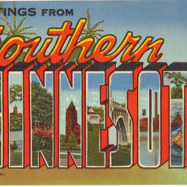 Linen Postcard, Greetings from Southern Minnesota, Gopher, Large Letter