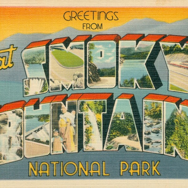 Linen Postcard, Greetings from Great Smoky Mountains National Park, Large Letter