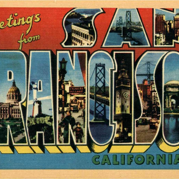 Linen Postcard, Greetings from San Francisco, Golden Gate, Lighthouse, Large Letter