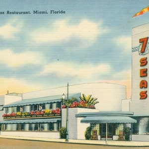 Linen Postcard, Miami, Florida, Seven Seas Restaurant, ca 1940