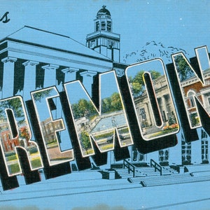 Linen Postcard, Greetings from Fremont, Ohio, Hospital, High School, Large Letter