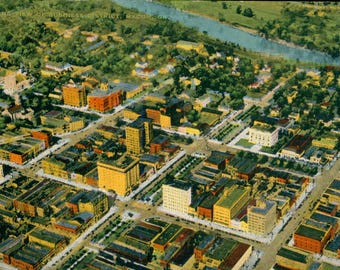 Linen Postcard, Macon, Georgia, Airplane View of Business District