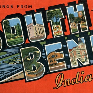 Carte postale numérique, salutations de South Bend, Indiana, avions, stade de football, grosse lettre