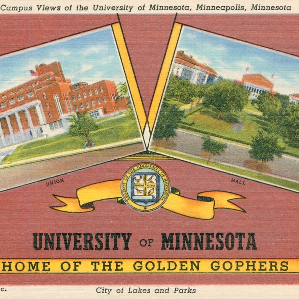 Linen postcard, University of Minnesota Golden Gophers, Union, Mall, Campus Views