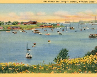 Linen Postcard, Newport, Rhode Island, Fort Adams and Newport Harbor