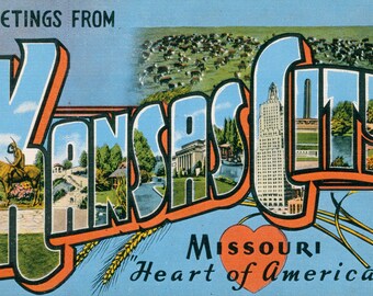 Linen Postcard, Greetings from Kansas City, Missouri, Heart of America, Large Letter