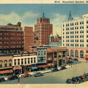 Linen Postcard, Mansfield, Ohio, Mansfield Skyline, ca 1940